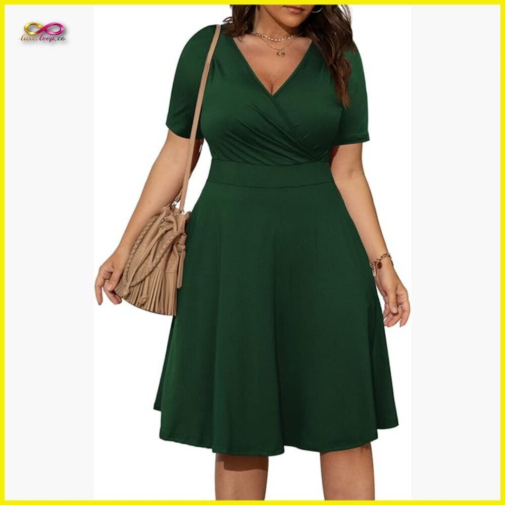 Wrap V-Neck Midi Dress Short Sleeve Elegant Wedding Guest Cocktail Party Wear
